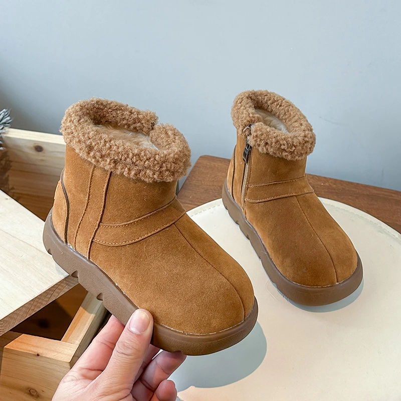 

Winter New Kids Warm Ankle Boots Causal Outdoor Girls Furry Plush Boots Soft Side Zipper Fashion Children Cotton Boots Non-slip