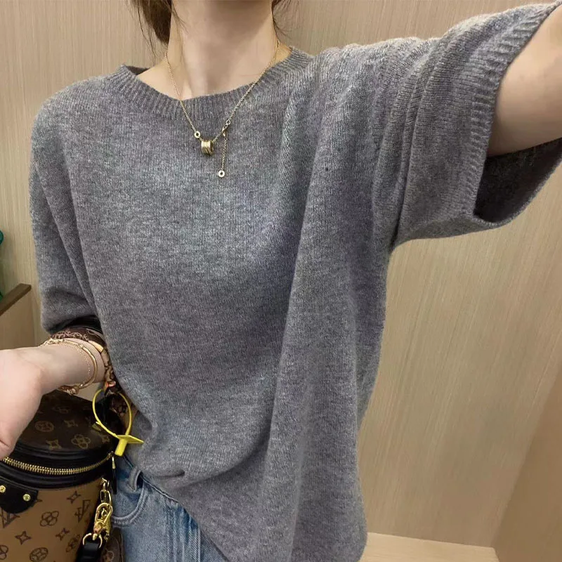 Elegant Fashion Thin Solid Color Knitted T-shirt for Women Casual Simplicity Round Neck Short Sleeve Tops Summer Female Clothing