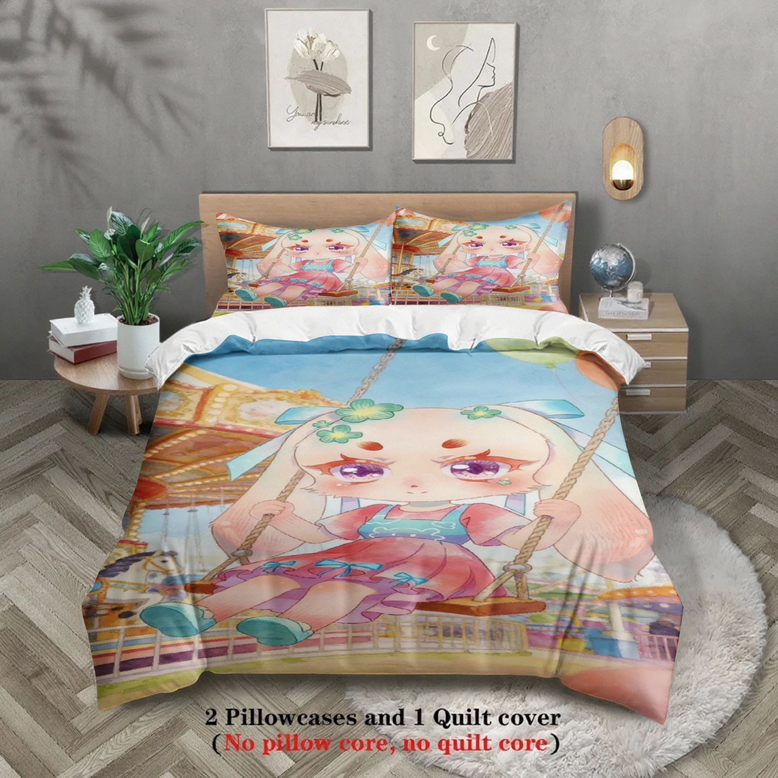 Softville Cozy Town 3PCS Bedding Sets Lop Rabbit Swing Above A Carnival Printed Duvet Cover No filling Cartoon Style Queen Size