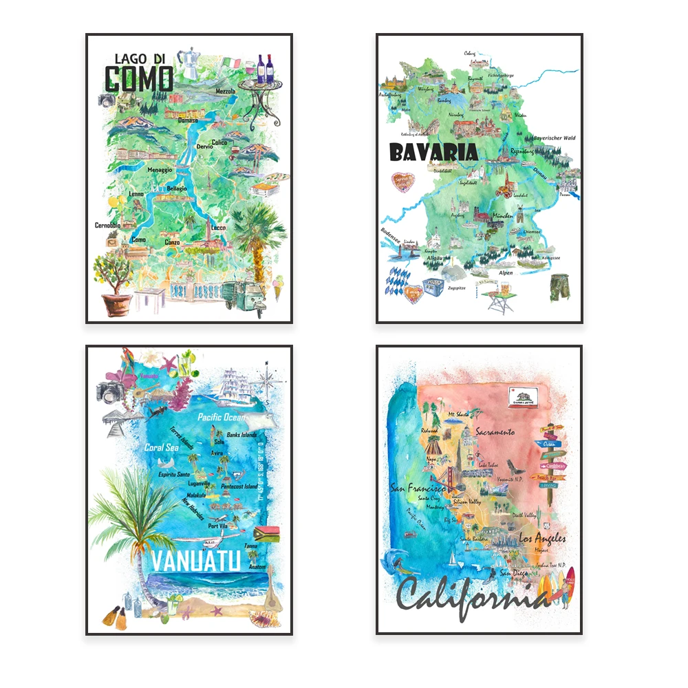 Illustration travel map poster of Seychelles, Saint Martin, Curacao, Bavaria, Kefalonia, Bahamas, Ibiza, Cozumel, Lake Como