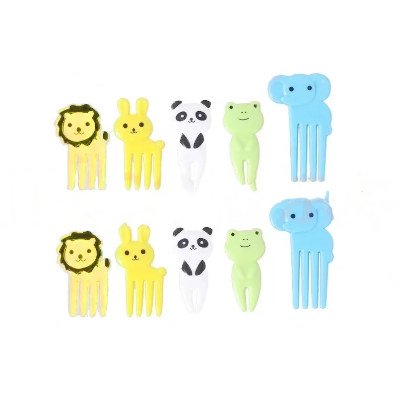 10 Stuks Thuis Cartoon Fruit Vork Schattige Dieren Bento Stickers Creatieve Bento Vork Leeuw Olifant Panda Kikker Willekeurig