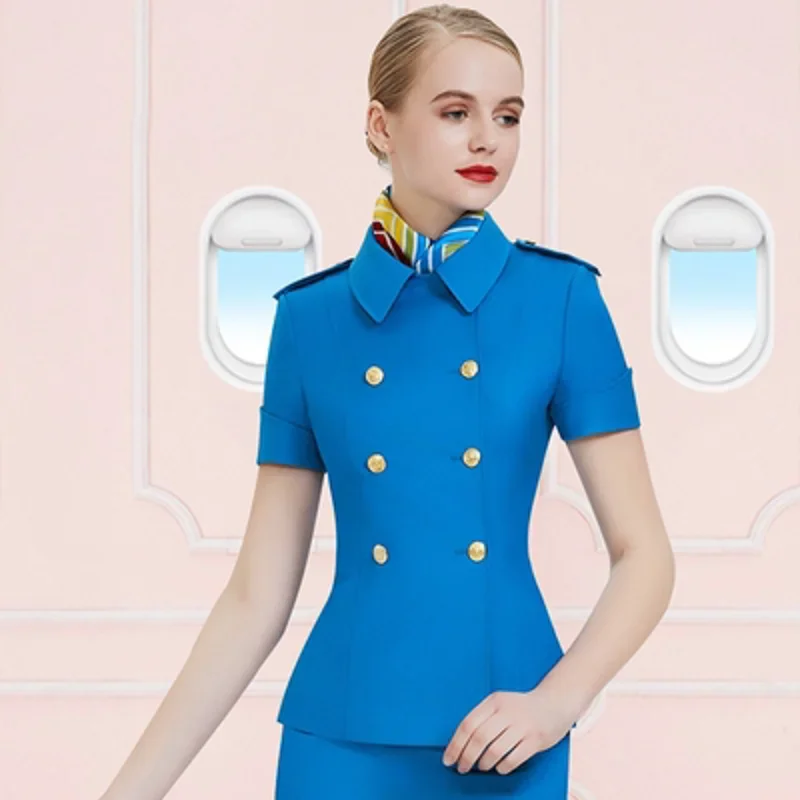 新しいホット販売夏の女性のハイエンドプロフェッショナルスーツファッションホテルフロント半袖オーバーオールスチュワーデス制服スカート