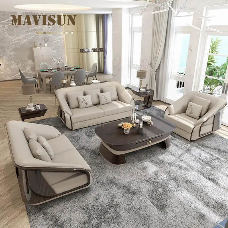 Large Villa Minimalist Sofa Set Leather Sofa Single Love-Seat 3 Seat Lounge Couch Italian Living Room Upholstered Armchair