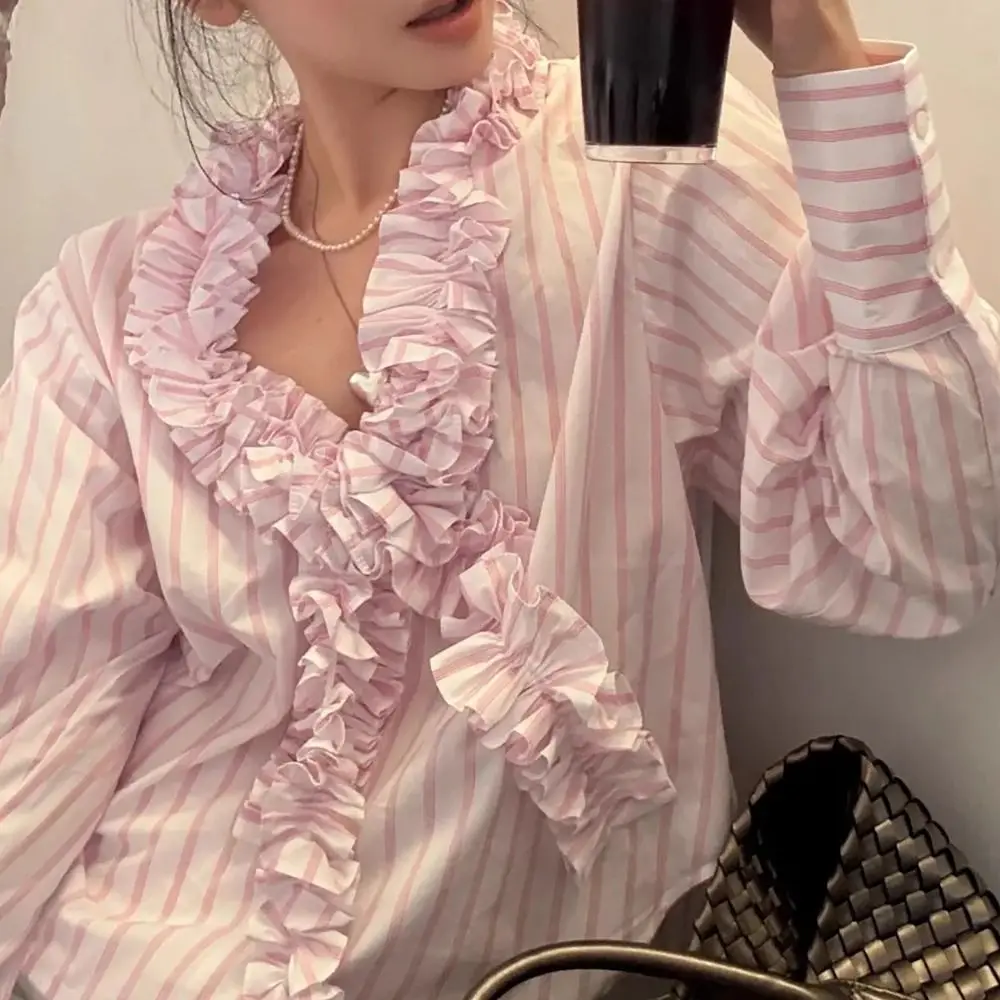 

Comfortable Sweet Pink Stripe Blouse Ruffle Tassel Deep V Flouce Shirt Curved Hem Thin Women Shirt Top Office