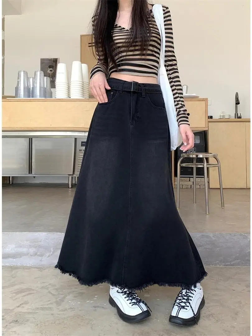 

Elegant High Waist A-Line Skirt Women's Denim Black Fish Tail Long Skirt Summer 2026 New Fashion Korean Style Commute