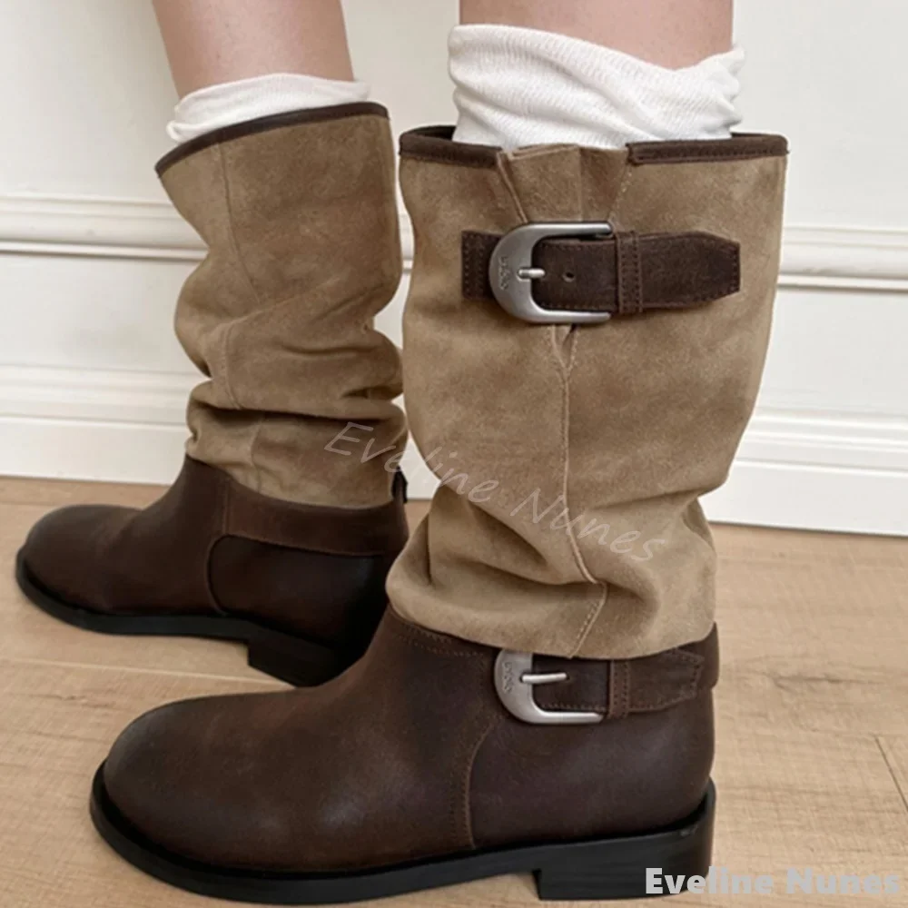 

Metal Belt Buckle Splicing Mid Calf Boots Women Round Toe Mixed Colors Flat with Western Boots 2024 New Fashion Biker Boots