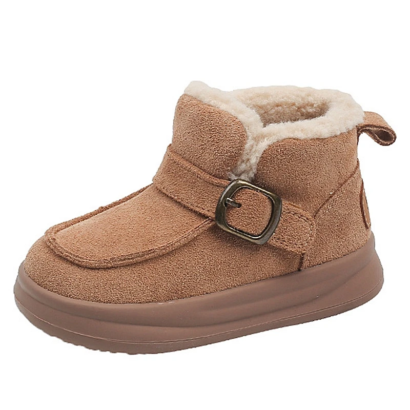 Brand Cow Suede Snow Boots For Kids Boys Solid Wide Toe Warm Ankle Boots For Toddler Girls Soft Children Warm Walkers