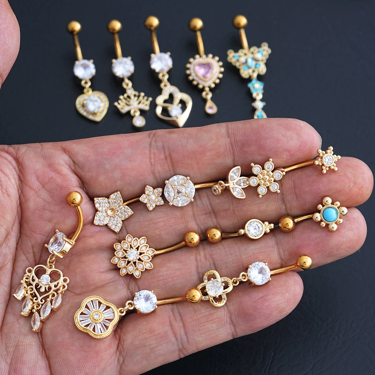 Crown Heart Dangled Belly Button Rings with Butterfly Drop