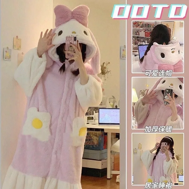

Kawaii My Melody, ночная рубашка из кораллового флиса, милые милые пижамы для девочек в стиле аниме, зимний утепленный халат на флисовой подкладке, домашний костюм, новый