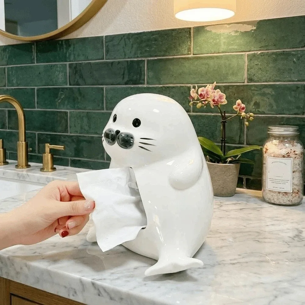 

Stylish Large Capacity Seal lion Napkin Holder Cartoon Smooth Ceramic Tissue Box Funny Exquisite Tissue Dispenser Living Room