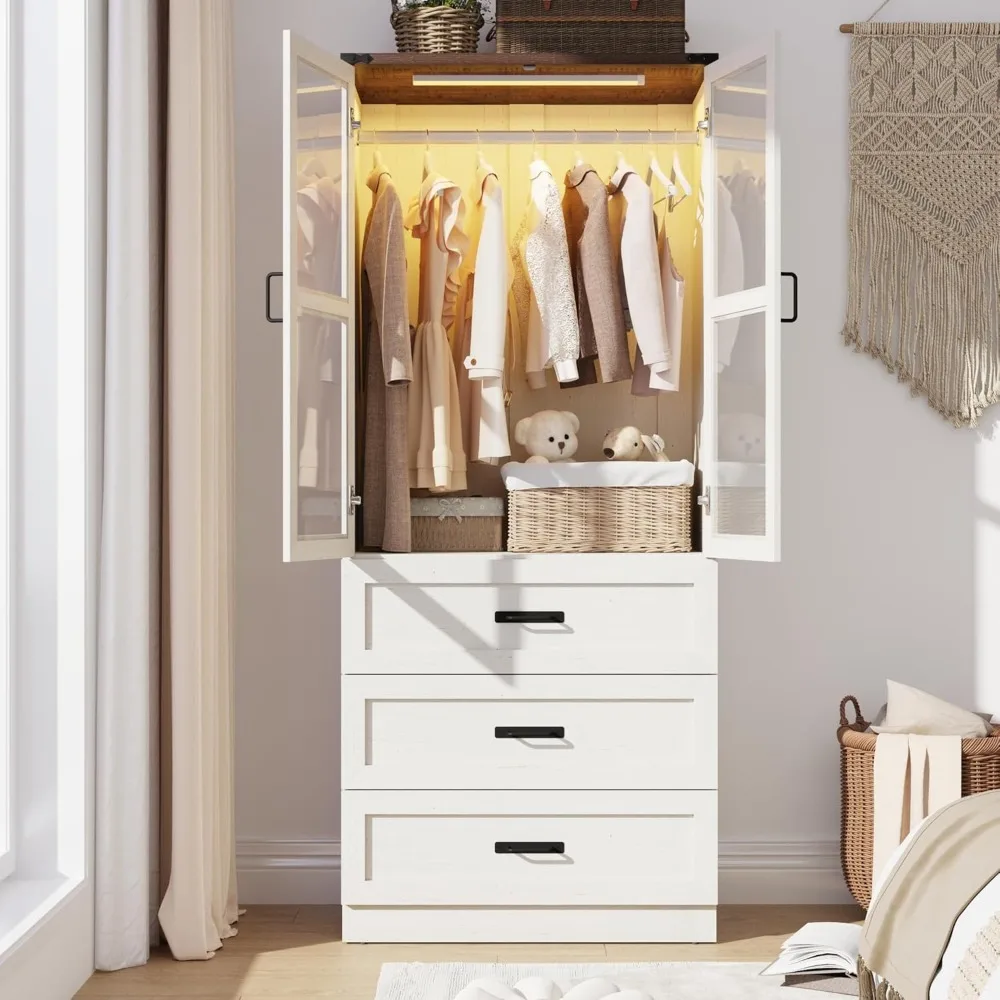 

75" Tall Farmhouse 2 Doors Armoire Wardrobe Closet with 3 Drawers and LED,Freestanding Closet Wardrobe Cabinet for Bedroom with