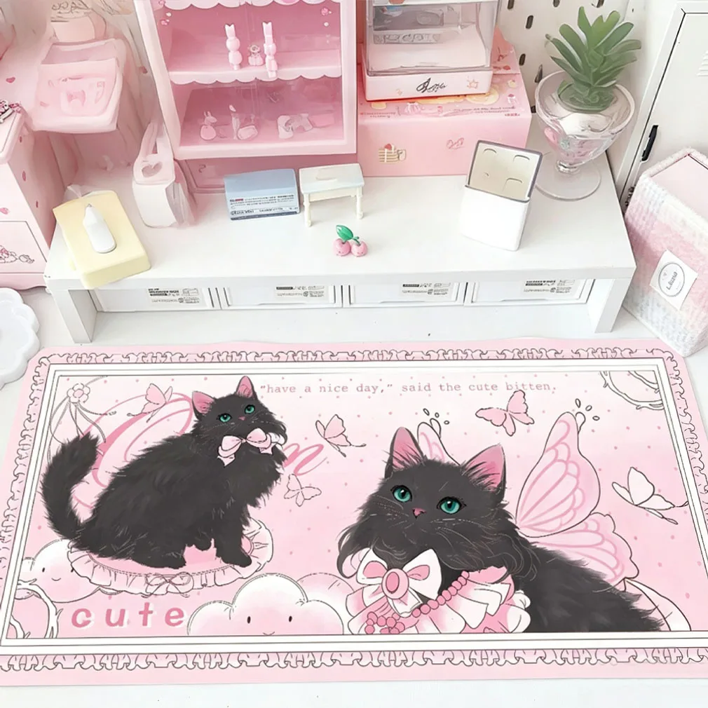 Pink Gradient Black Kitten Wings Lace Butterfly Y2K Leather Desk Pad Protector Mouse Pad Office Desk Mat PU Desk Blotter Pad