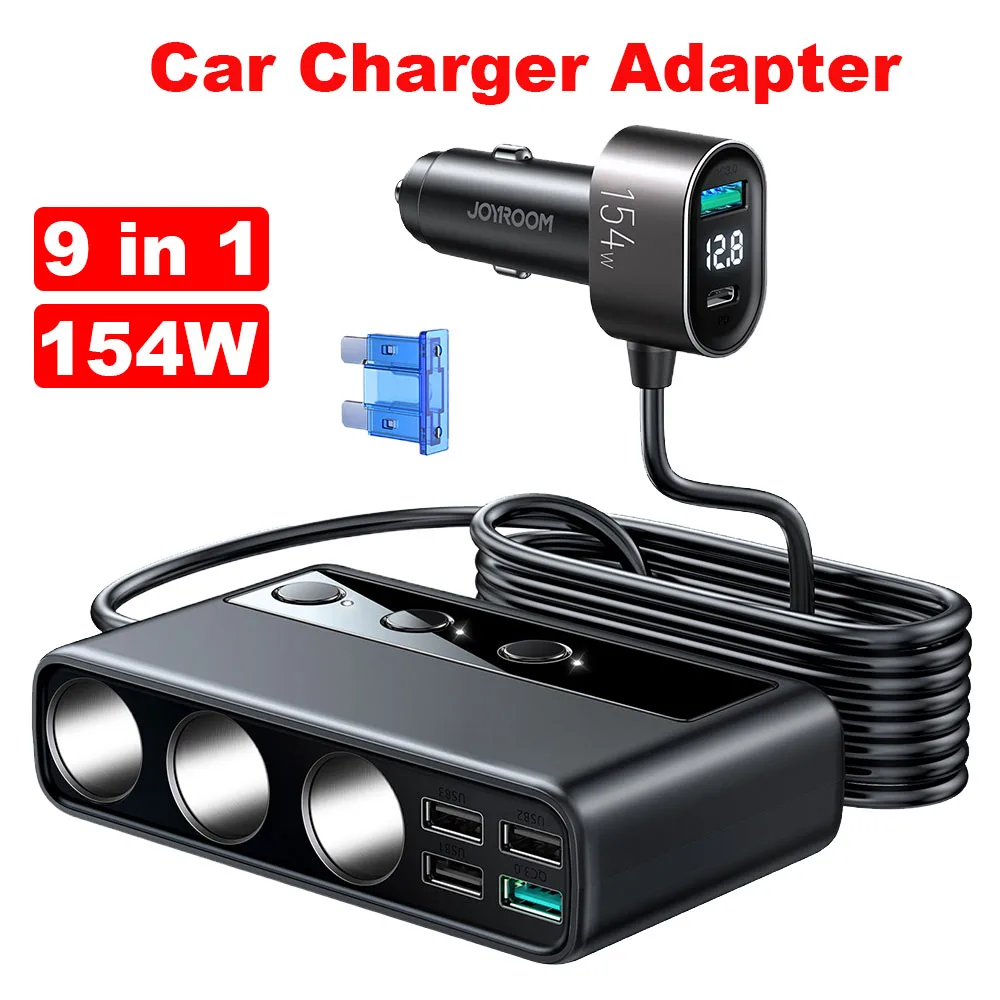 New 154W 9-in-1 Car Charger Splitter PD20W QC3.0 Cigarette Lighter Adapter Car Cigarette Lighter Socket Splitter with Switch