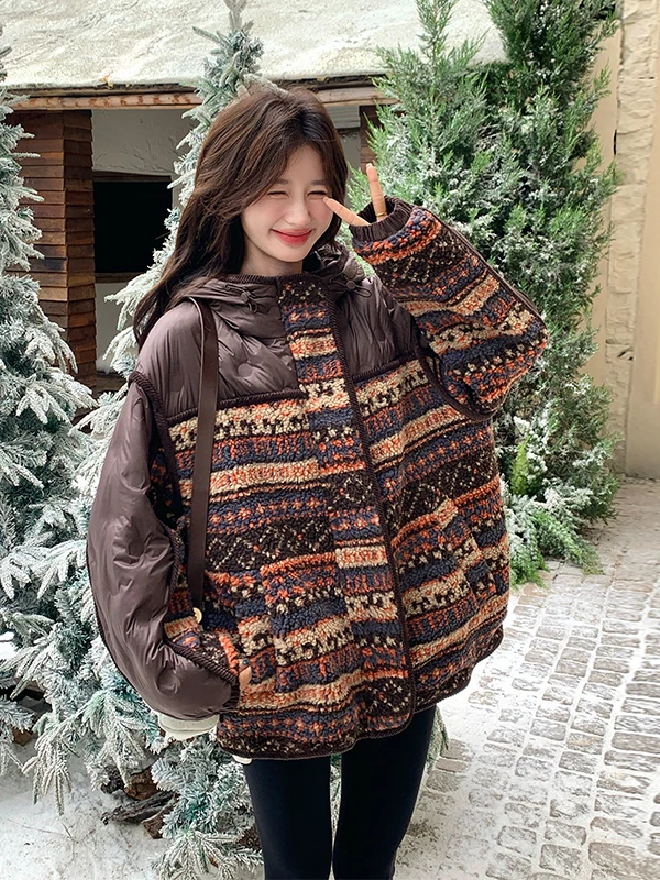 

Lamb Fur Collar down Jaet Women's ort Sle Winter Faion Design Thi Warm Outerwear Retro Sle Geometric Pattern