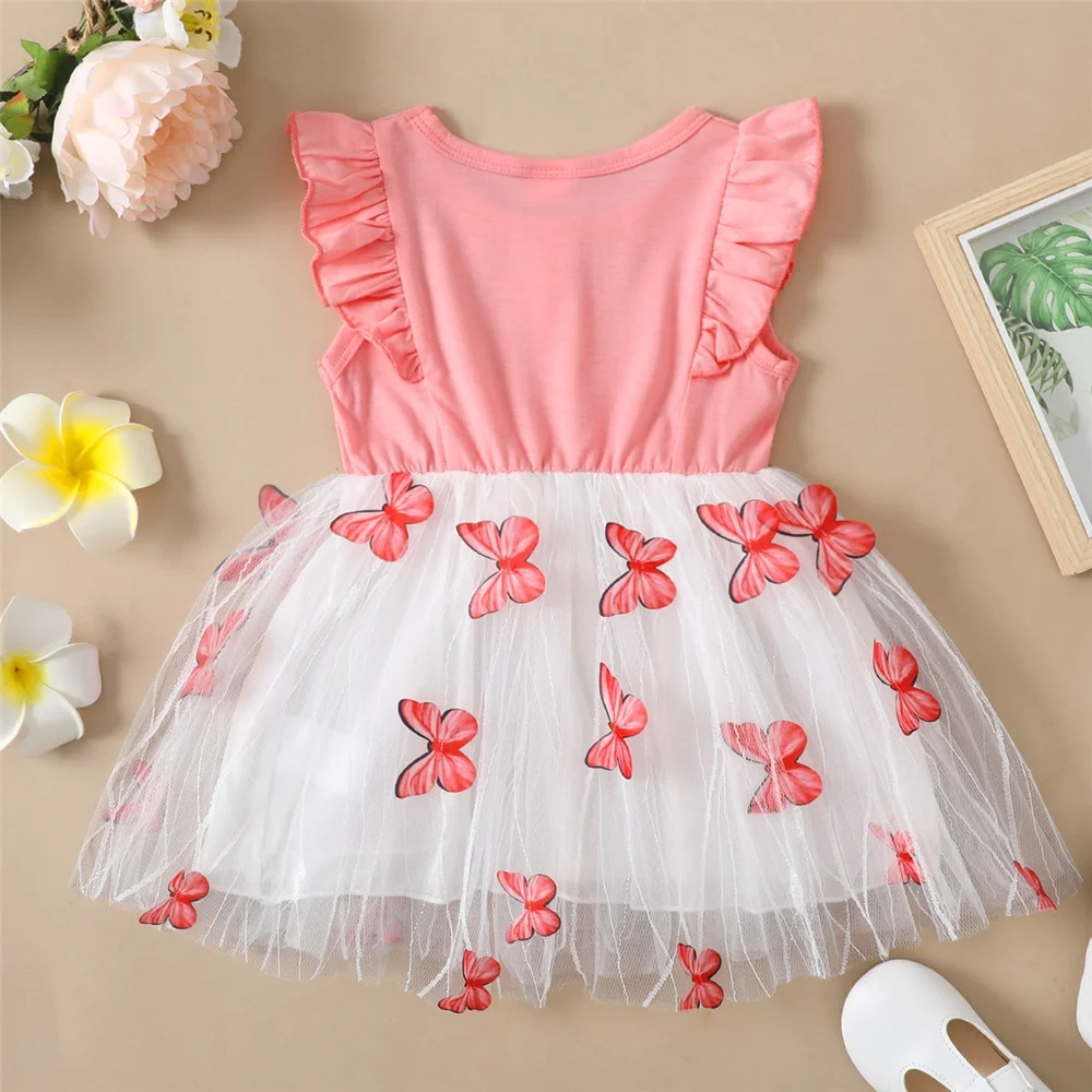 Fashion Baby Girl Print Tulle Dress Ruffle Sleeveless Pink Top +Bow Detail Casual Summer Sundress for Infant Toddler Girls 1-5Y