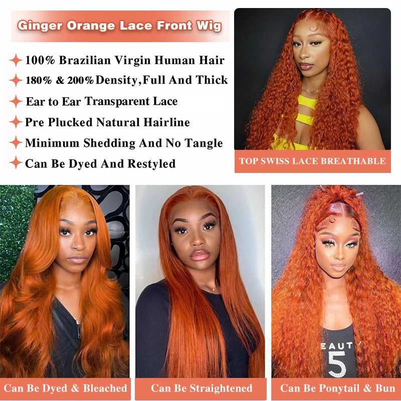 38 بوصة الزنجبيل الدانتيل الجبهة الباروكات شعر الإنسان موجة المياه العميقة الدانتيل شعر مستعار أمامي البرتقال الزنجبيل الباروكات شعر الإنسان 350 شعر مستعار ملون شعر مستعار مجعد