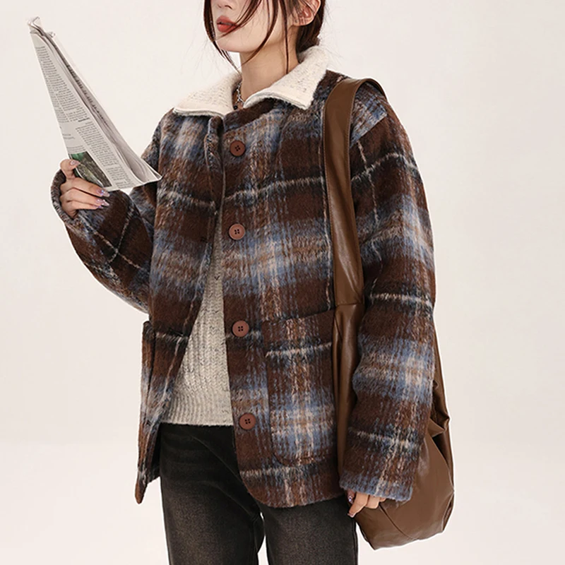 Vintage Faux Woolen Coat Women Fall Winter Casual Plaid Loose Warm Coat Retro Lazy Wind O Neck All Match Button Outwear Tops New