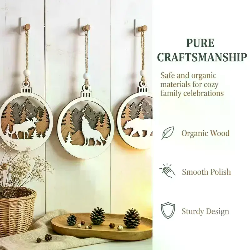 Rustic Wildlife Wood Cutout Hanging Decor Layered Hollow Mountain Bear Wolf Elk Bauble Winter Holiday Tree Decoration