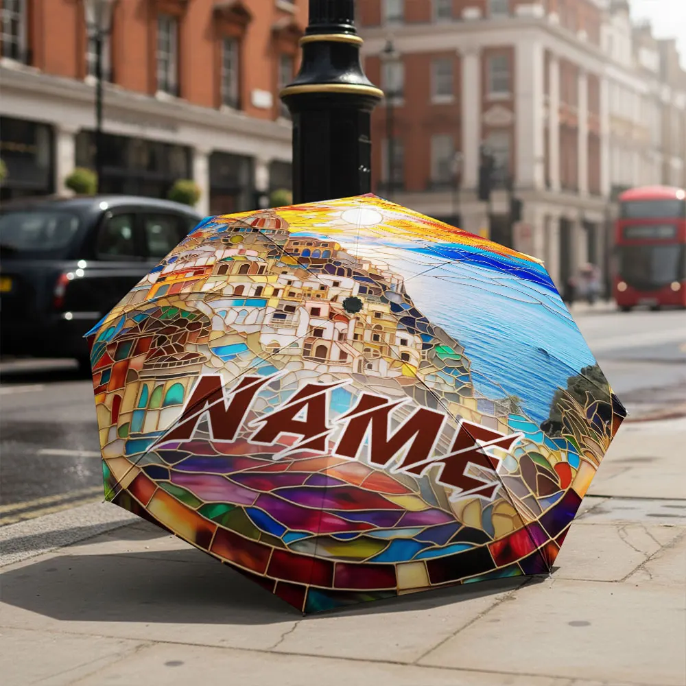 Custom Name umbrella, Stained Glass Mosaic Folding Umbrella with Scenic Coastal Village Design for Sunny and Rainy Days,Gift
