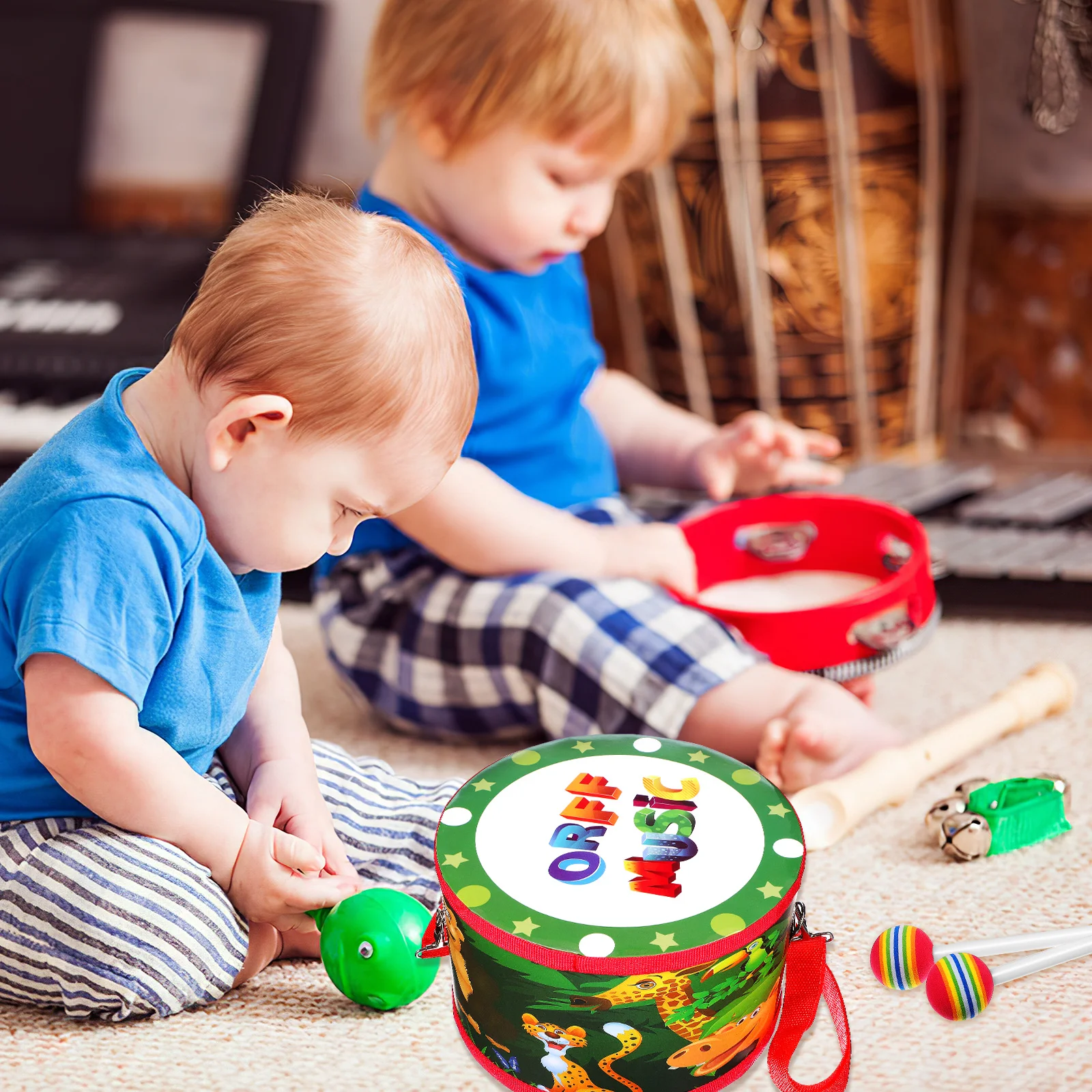 

Kid Drum Set Double Sided Cartoon Pattern Educational Musical Instrument Strapped for Toddlers Building Music Sense and Motor