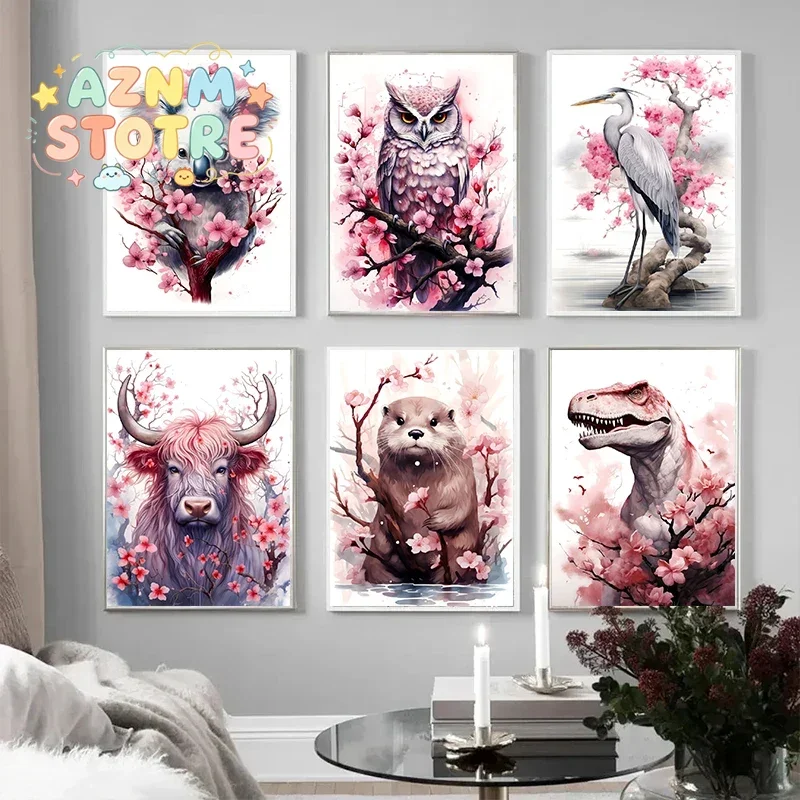 Sakura Animals Poster Prints Otter Owl Cat Panda Highland Cow Heron Canvas Painting Wall Art for Living Room Home Decor Mural