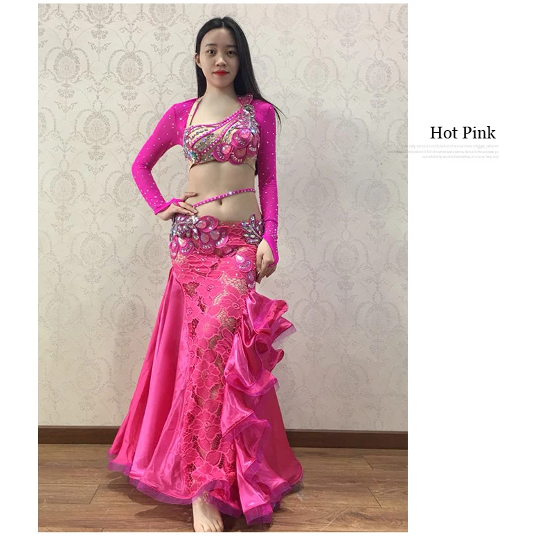 NEW stage Luxury Girls Belly Dance Costumes Long Sleeves Bra+Lace Skirt 2pcs Belly Dance Suit Women Ballroom Dance Set