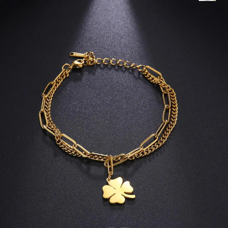 1pc Lucky 4 Leaf Stainless Stell Bracelet Gold Color Fashion Nice Women Jewelry Love Bracelet F0998