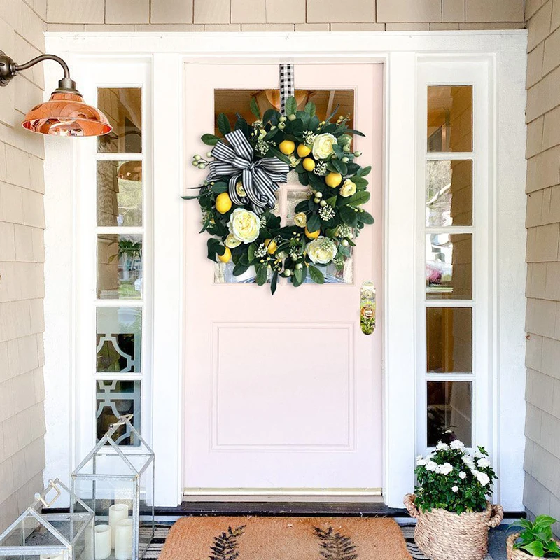 

35cm Yellow Lemon Wreath with Weaving Plant Artificial Rose Decoration Simulation Leaves Front Door Hanging Garland for Wedding