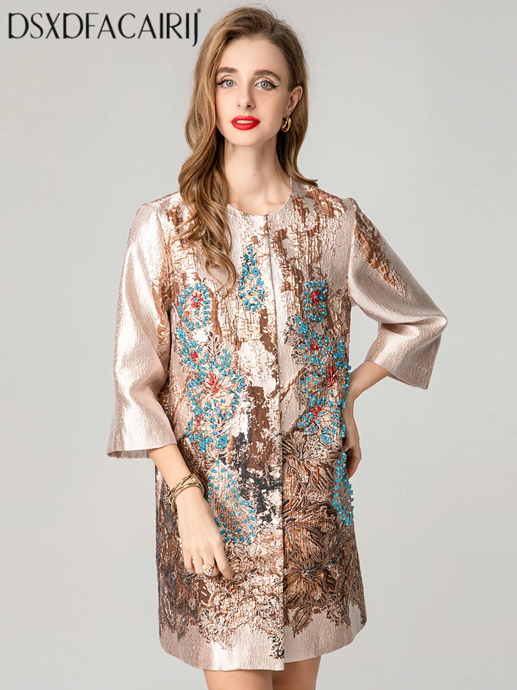 DSFACAIRIJ Women's O-Neck Beaded Jacquard Coat with Pockets 3/4 Sleeved High Street Fashion Outerwear for Autumn