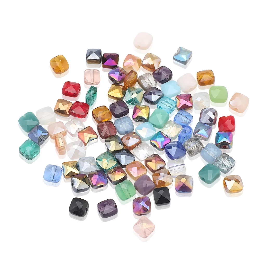 50Pcs 6mm Austrian Crystal Cube Beads Flat Square Shape Glass Loose Beads for Jewelry DIY Making Bracelet Earing Accessories