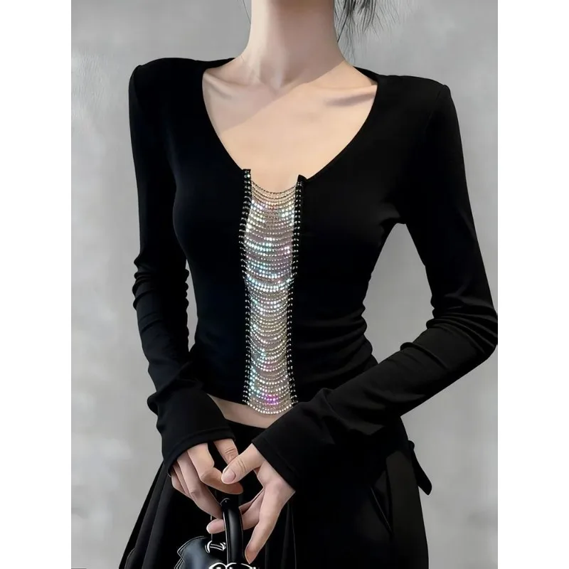 

Tops T-shirts Undershirts Long-sleeved Women's Autumn/Winter French-inspired Sophisticated Elegant Cut-out Patchwork Fitted New