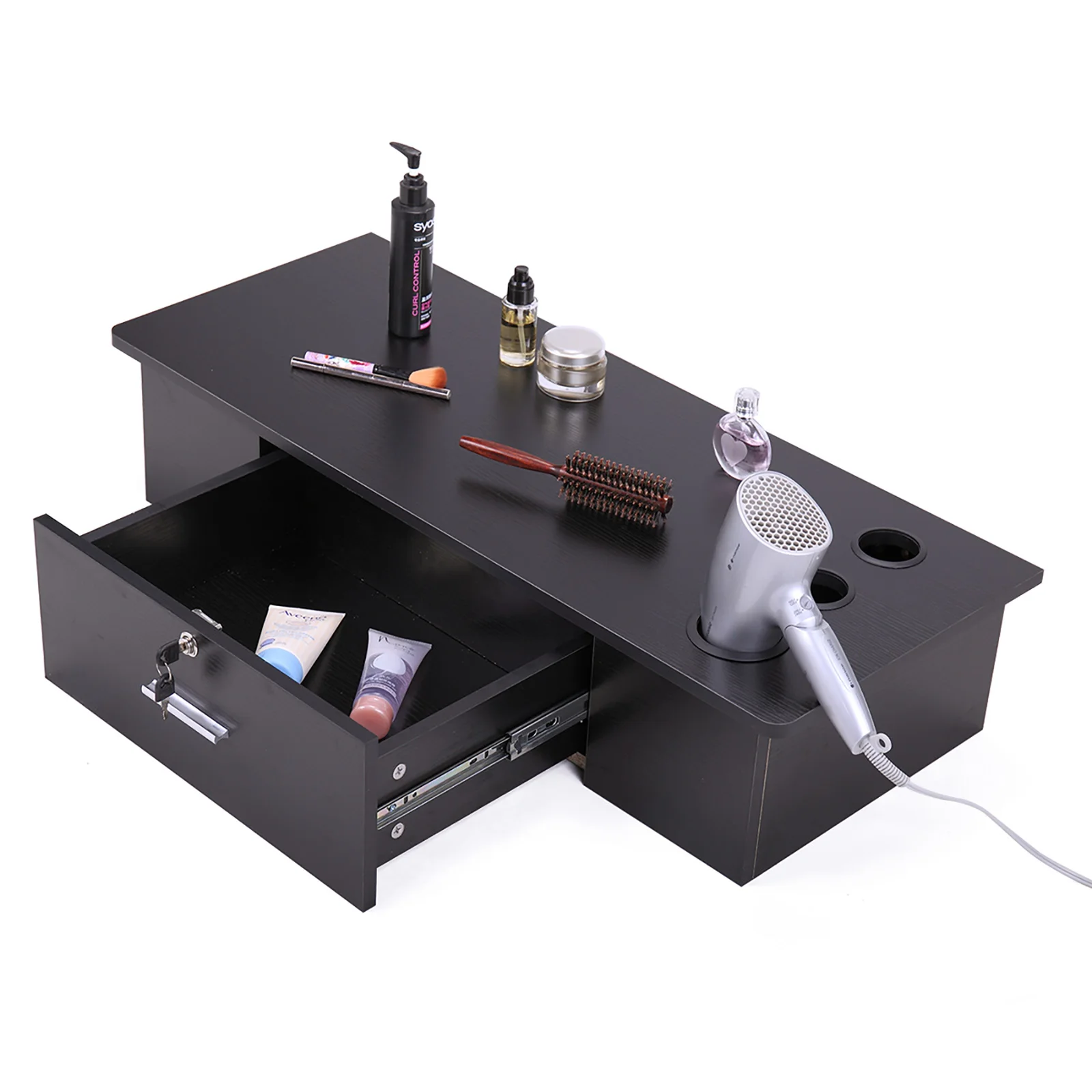 

Classic Wall-Mounted Styling Station with Drawer and Tool Holes, Vanity Table, Dressing Table, Equipment for Barber Beauty Spa
