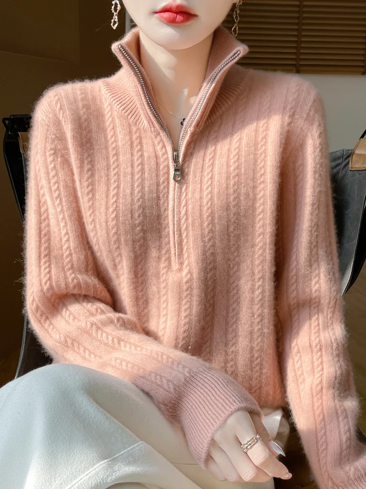 

Women's Half Zip Lapel Pullover Sweater 100% Merino Wool Knitwear Autumn Winter Loose Thick Cashmere Sweater Female Cloth