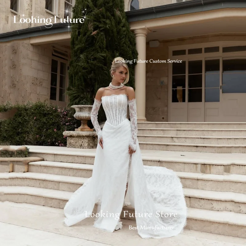 Customized Luxury Elegant Lace Appliques Mermaid Wedding Dresses White Sexy Strapless Backless Sleeveless High Slit Bridal Gowns