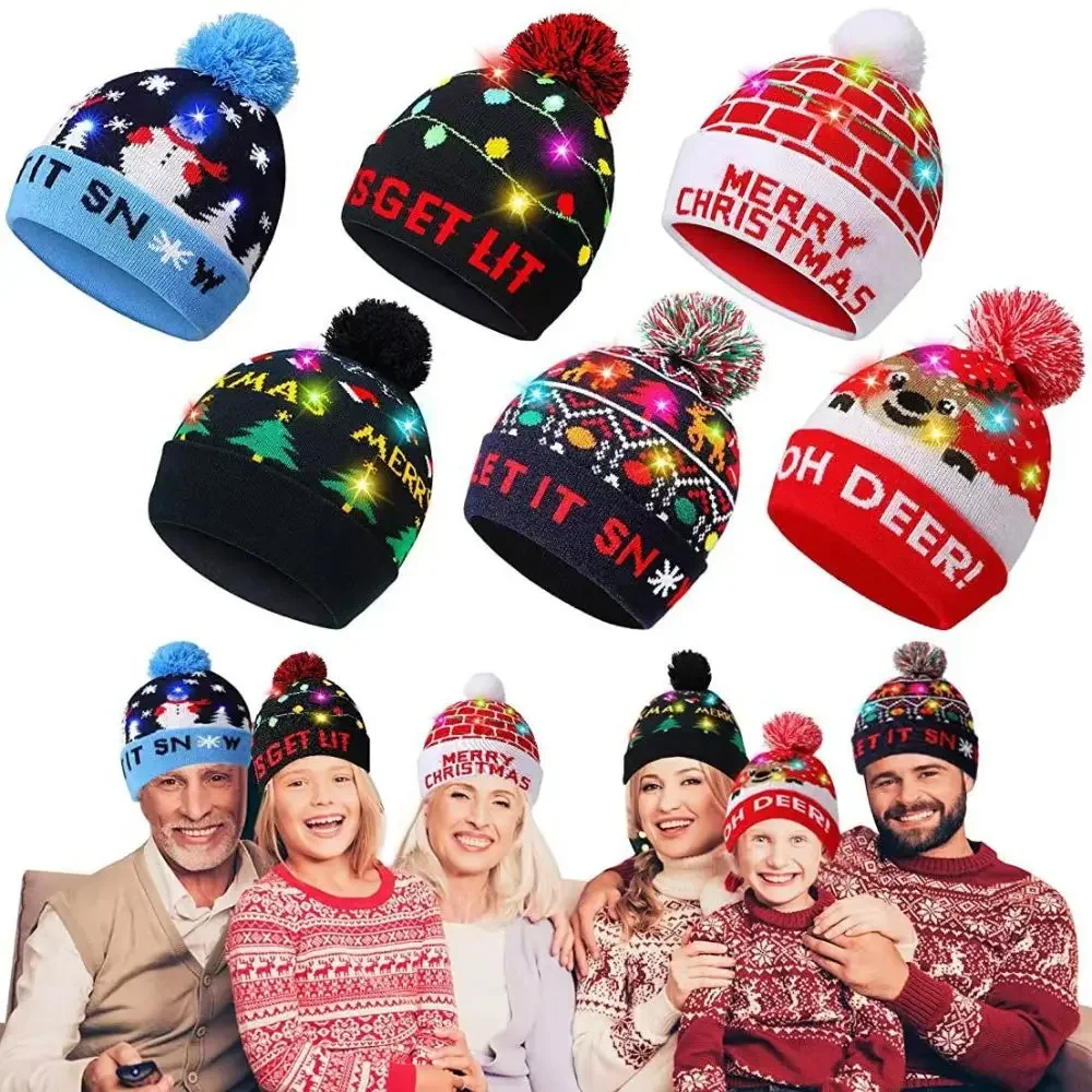 Neujahr LED Weihnachtsmütze Pullover Strickmütze Weihnachten leuchtende Strickmütze Weihnachtsgeschenk für Kinder Weihnachtsdekorationen Mütze