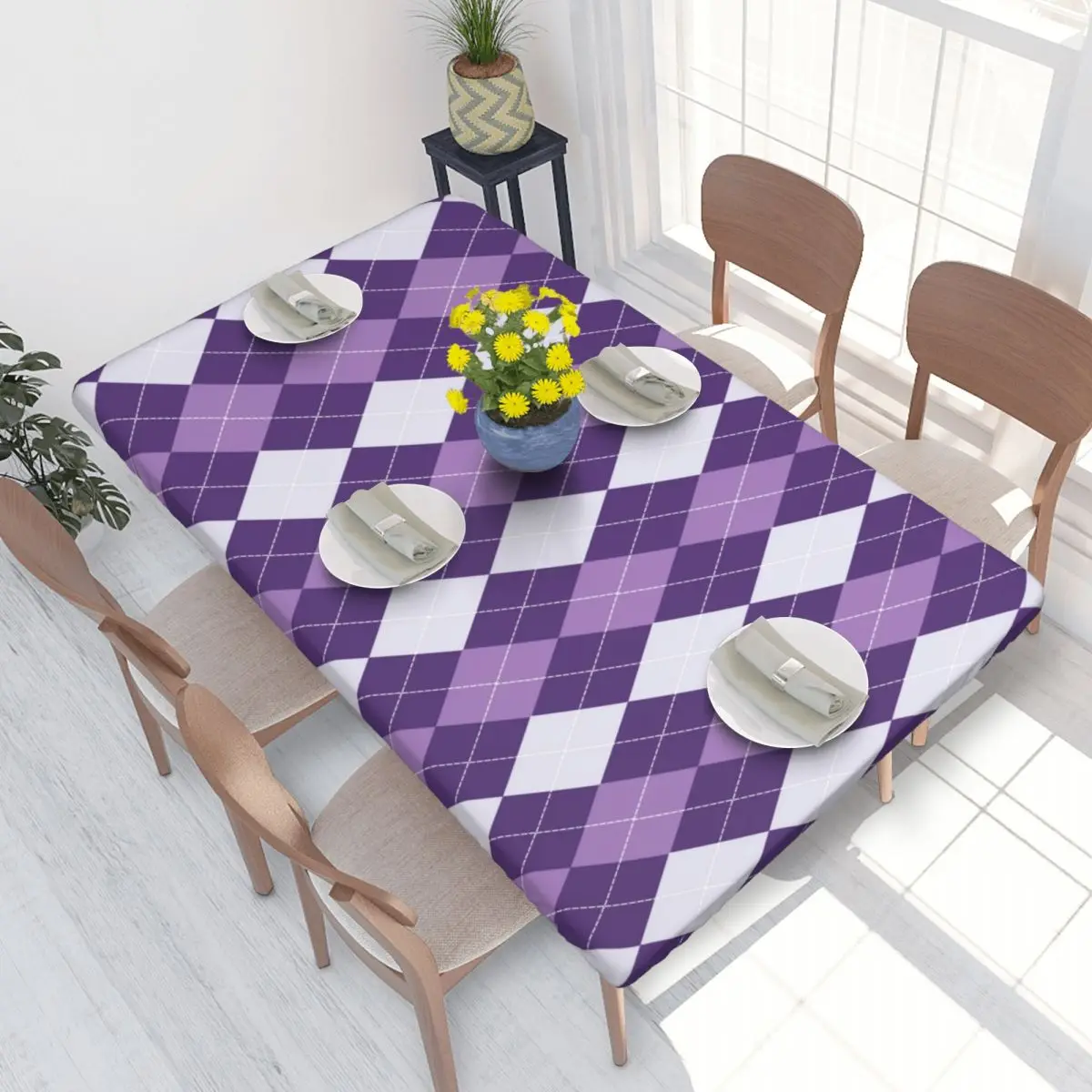 Custom Purple Argyle Pattern Rectangular Tablecloth Oilproof 4FT Table Cloth Table Cover