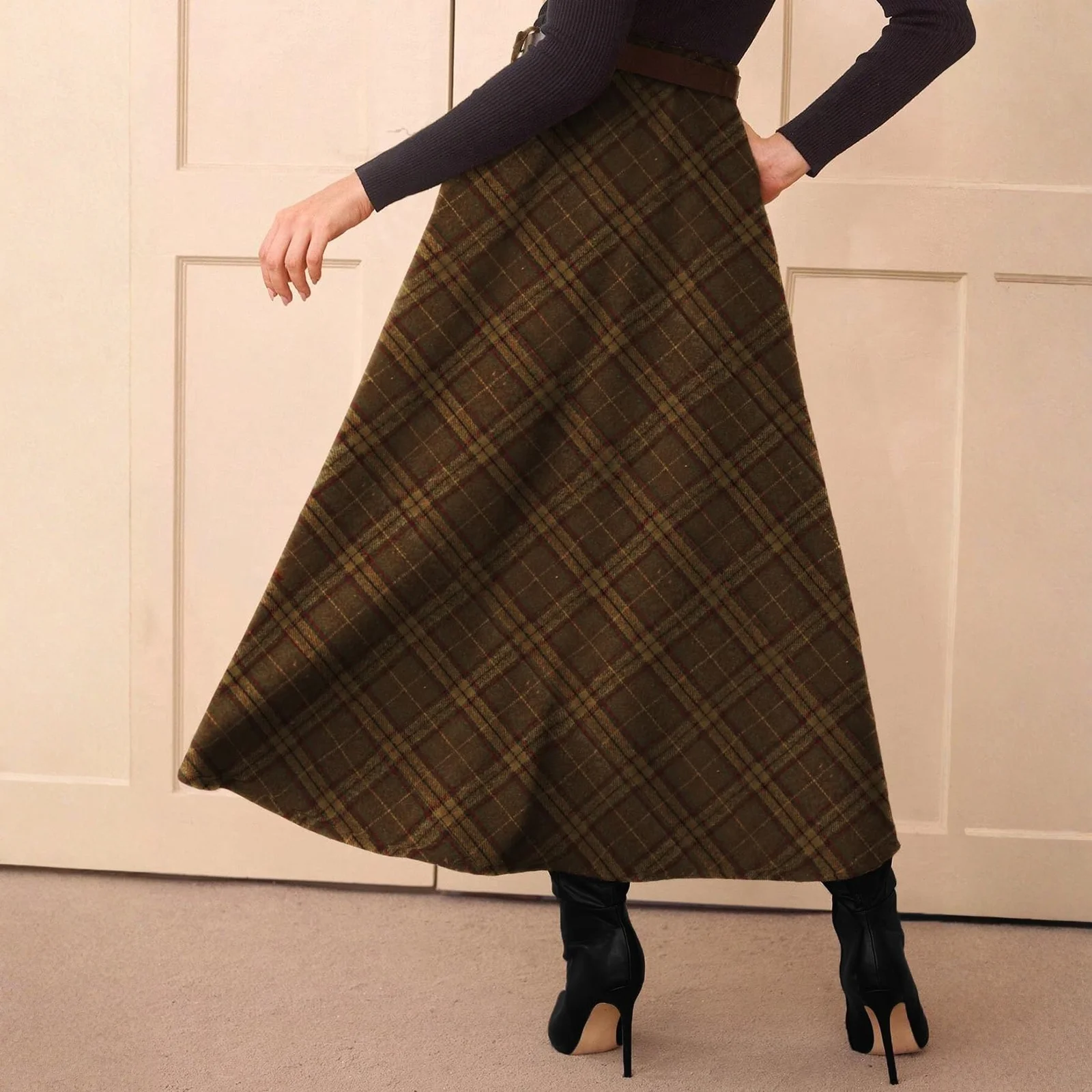 Women Flared Vintage High Waist A Line Tartan Skirts with Pockets Plaid Skirts Fall Winter Fashion Casual Long Skirt Faldas