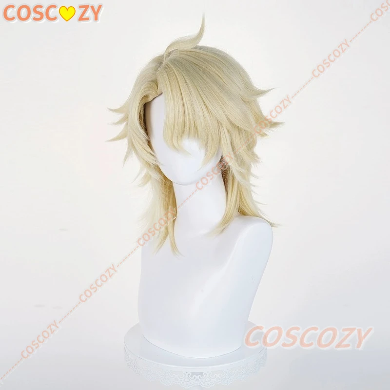 Genshin Impact Varka Cosplay Wig 35cm Blonde Hair Knights of Favonius Mondstadt Halloween Party Wigs for Women Girls Men Boys