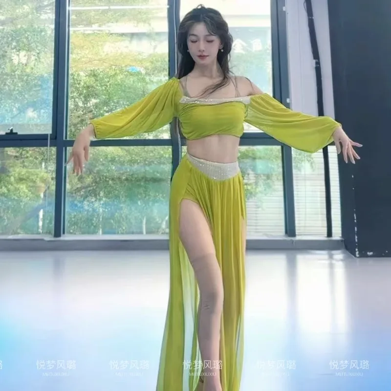 Personalizado novo conjunto de roupas de dança do ventre desempenho traje classe vestido sexy temperamento prática vestido de malha verde saia iniciante