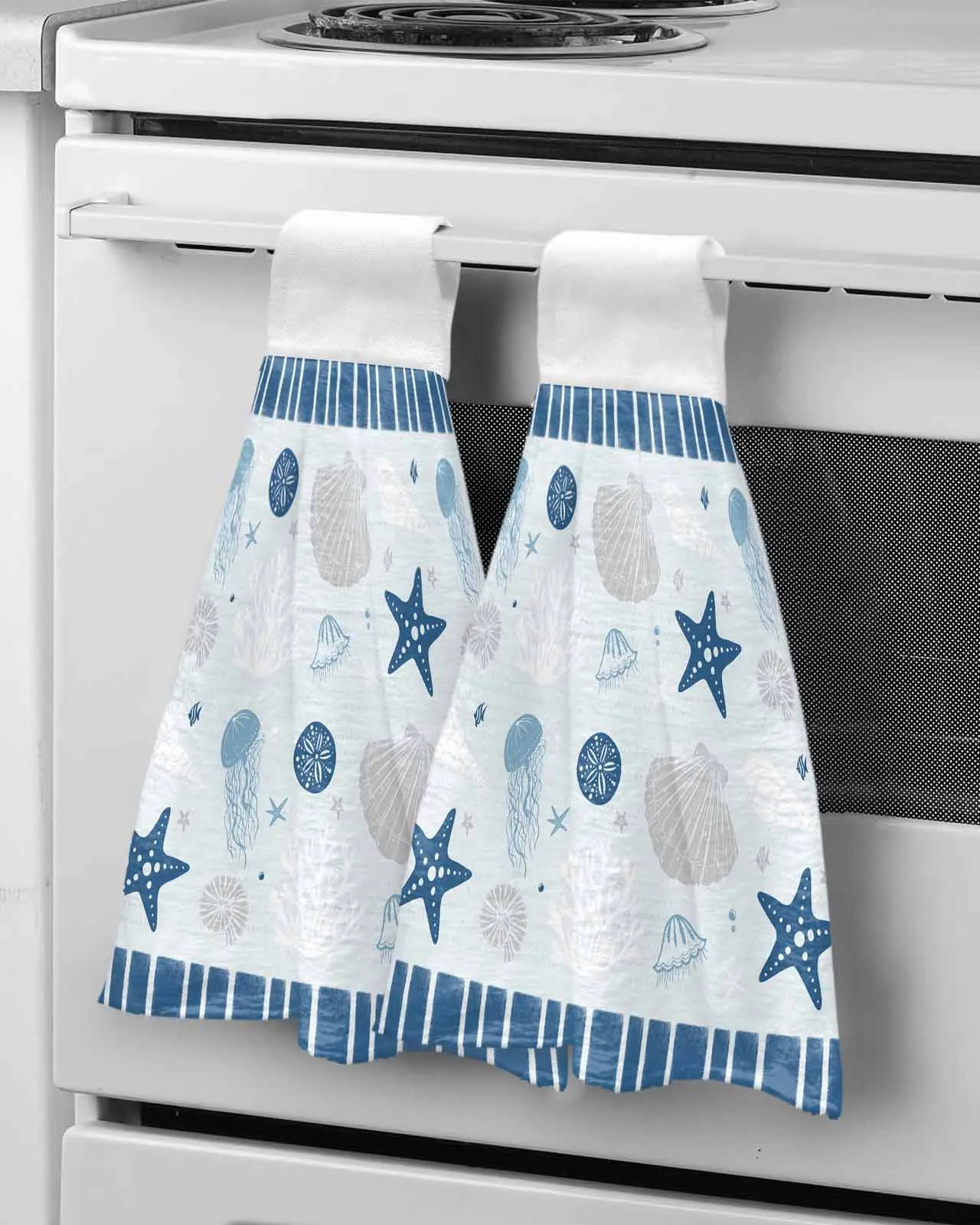 Starfish Shell Jellyfish Coral Conch Blue Towel Cleaning Cloth Microfiber Soft Household Super Absorbent Dish Washing Cloth