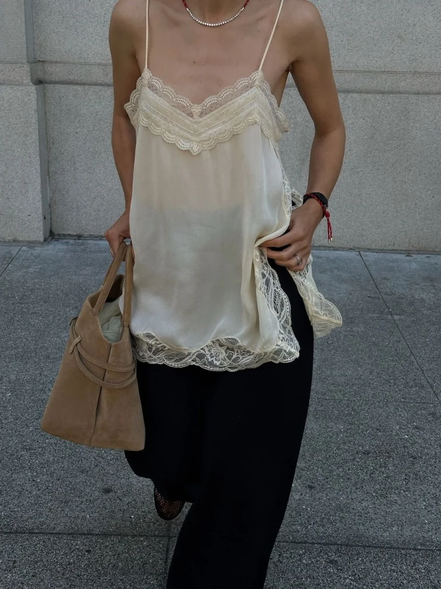 Women Stain Lace Patchwork Sling Tops Chic Sleeveless Square Neck Backless See Through Camisoles Clothes