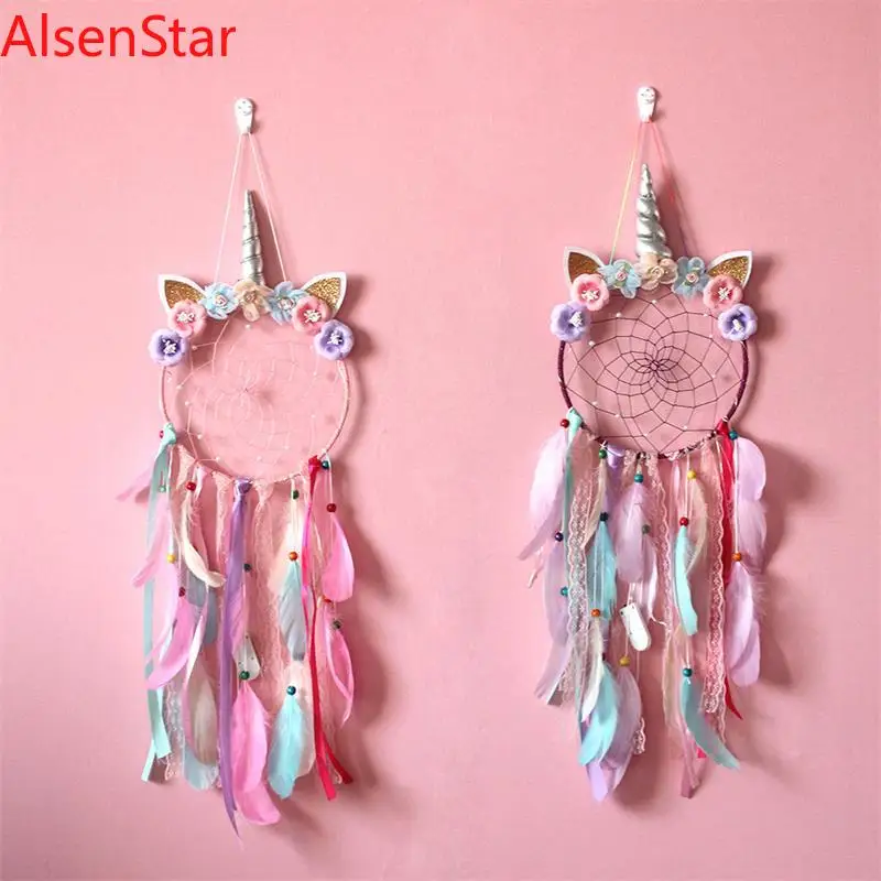 Unicorn Dreamcatcher Led Light Feather Dream Catchers Feather Handmade Wall Hanging Decor Tassels Dreamcatcher Home Decoration