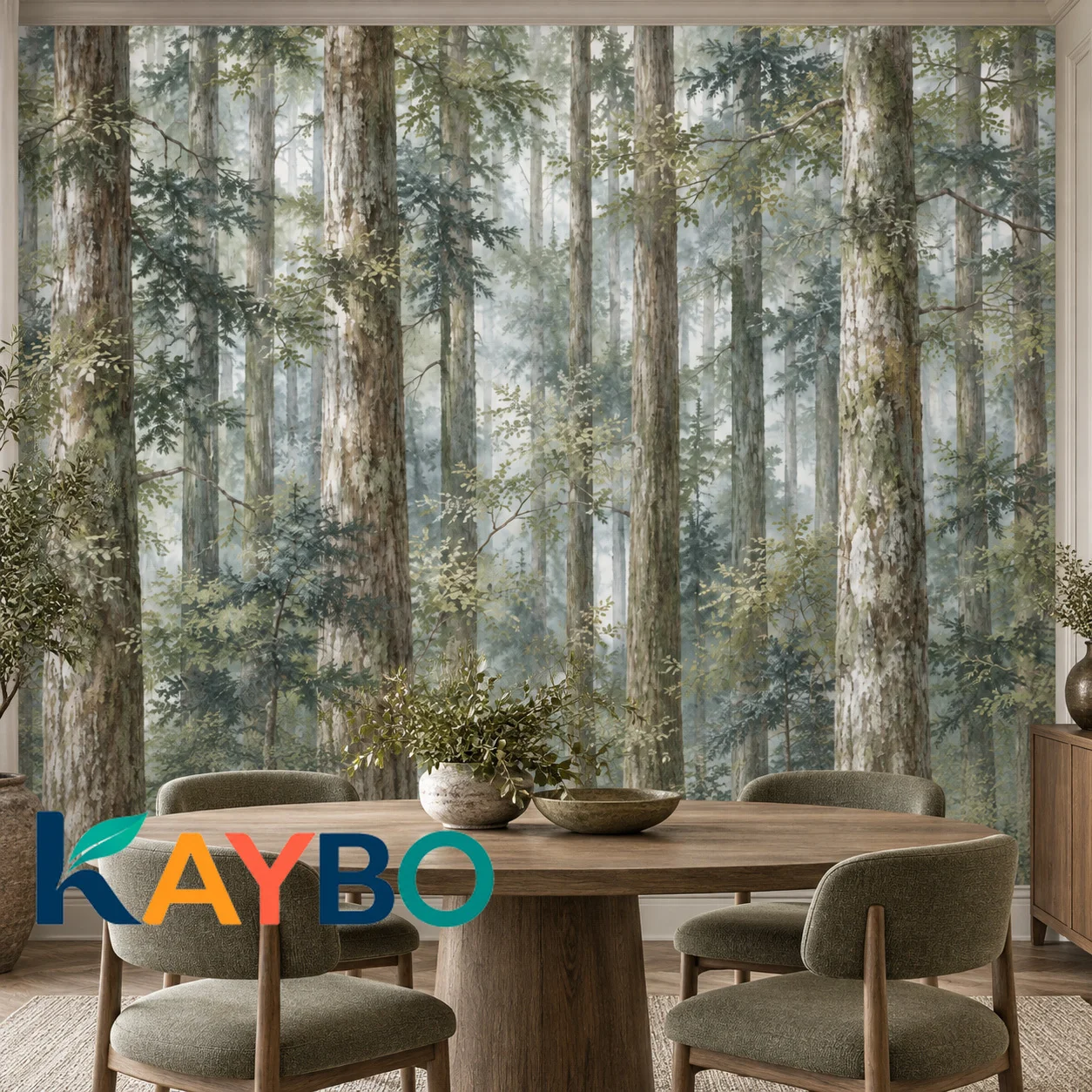 Forest Wall Mural, Misty Woodland Trees Vintage Botanical Nature Landscape Bedroom Living Room Decor Non Self Adhesive Wallpaper