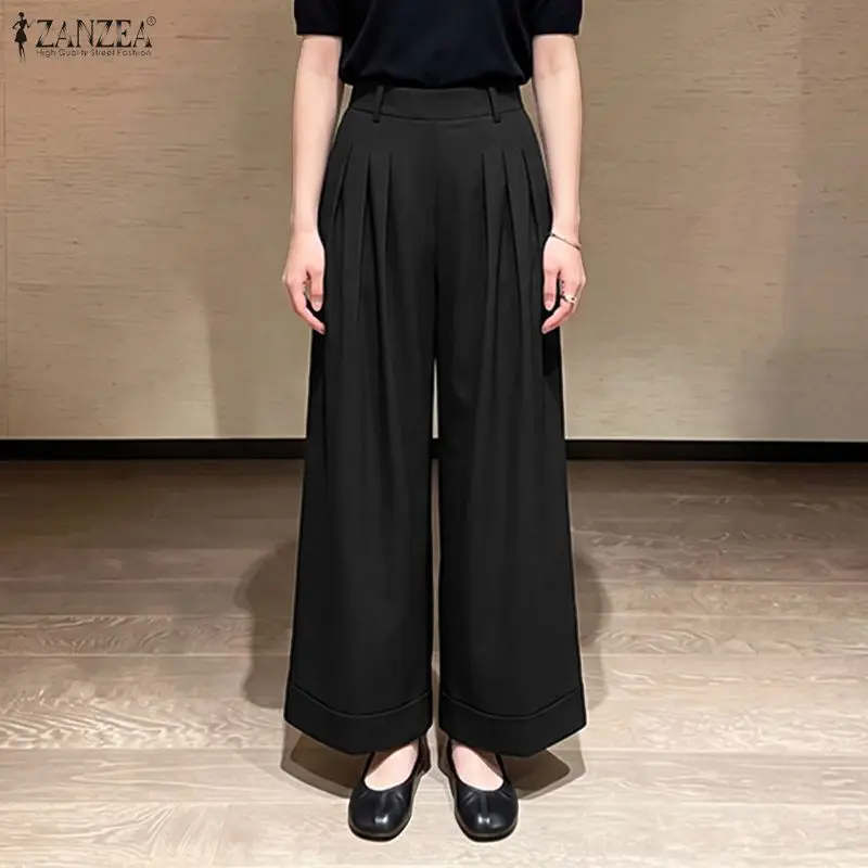 Autumn ZANZEA Women Pants High Waist Wide Leg Pants Pleated Casual Office Work Long Trousers Pockets Streetwear Oversize Bottoms
