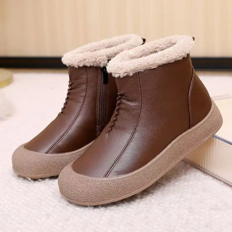 

Женские зимние новые зимние ботильоны из натуральной кожи, нескользящая водонепроницаемая обувь на толстой подошве с круглым носком и плоской подошвой на молнии, хлопковая обувь для пожилых людей