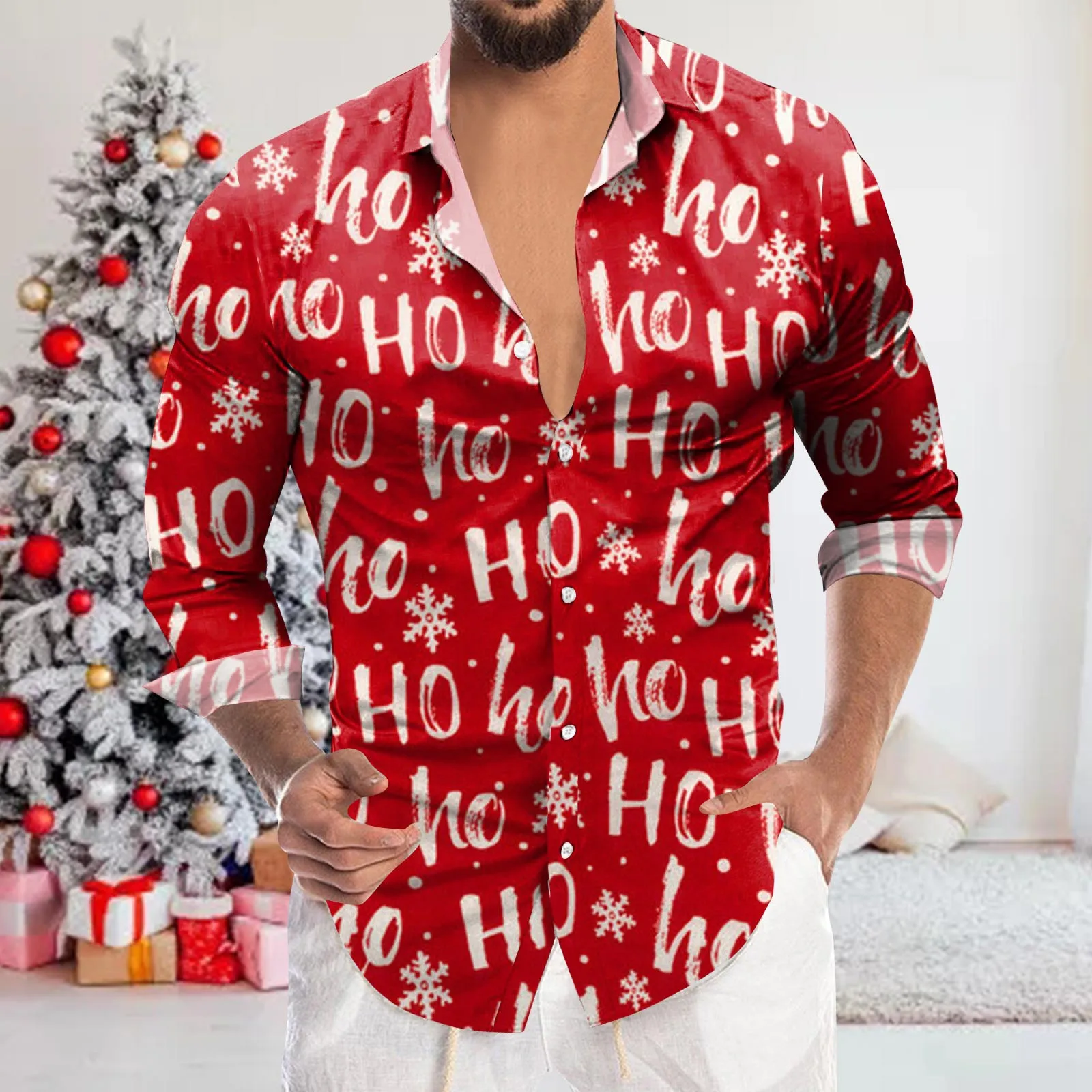 

Men Christmas Shirt Festival Theme Digital 3D Printing Holiday Lapel Button Up Long Sleeve Lapel Shirt Tops Plus Size Blouse