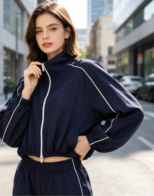 Blue  Jacket Stand Collar Double Zipper Elastic Hem Loose Lightweight Sports Windbreaker 2026 Spring Summer Casual Outerwear
