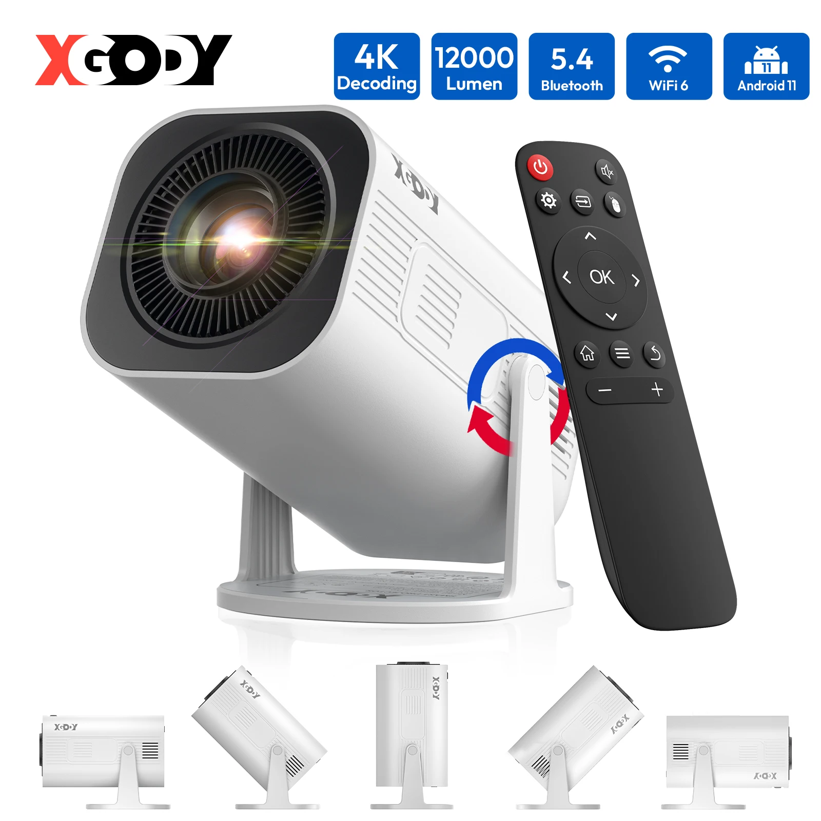 Xgody New Intelligent Projector 4K 1280*720P Wifi 6 Android Dual Wifi Bt5.2 Outdoor Portable Projetor Upgrated