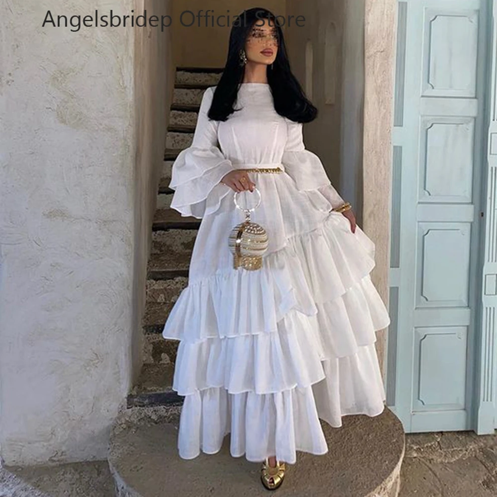 Angelsbridep White Saudi Arabia Prom Dress High Neck A-Line Tiered Prom Gowns Puff Sleeves Floor Length Dubai Formal Party Gowns