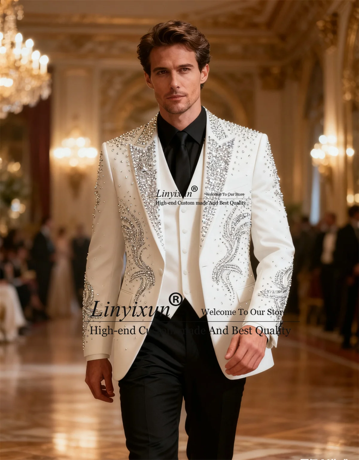 

Блестящий смокинг с кристаллами и бисером, мужские костюмы, комплекты из 3 предметов, свадебные костюмы для мужчин, красивый облегающий пиджак для жениха, выпускного вечера по индивидуальному заказу